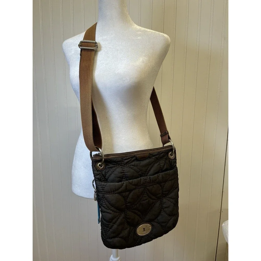 Fossil Key Per Fabric Quilted Crossbody Brown Slingbag Purse W/ Lock & Key Charm
